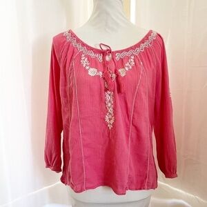 Mudd Peasant Blouse Small Pink Embroidered Tassel‎ Cotton Gauze Top
